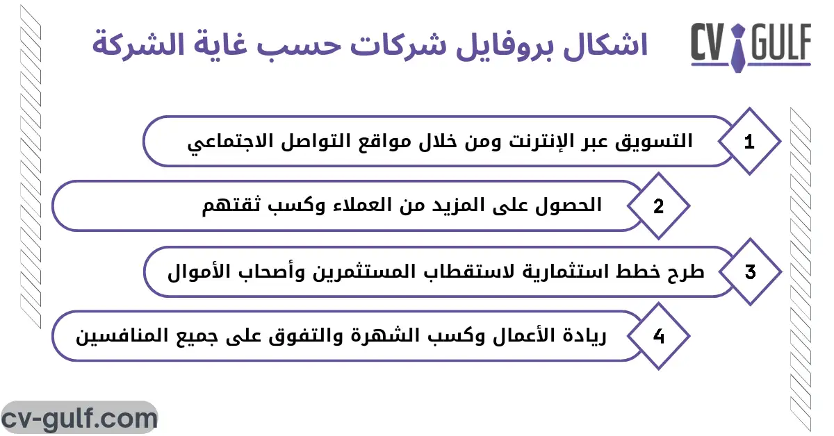 أشكال الملفات التعريفية للشركات حسب غاية الشركة منها على النحو التالي: التسويق عبر الإنترنت ومن خلال مواقع التواصل الاجتماعي. الحصول على المزيد من العملاء وكسب ثقتهم. طرح خطط استثمارية لاستقطاب المستثمرين وأصحاب الأموال. ريادة الأعمال وكسب الشهرة والتفوق على جميع المنافسين.